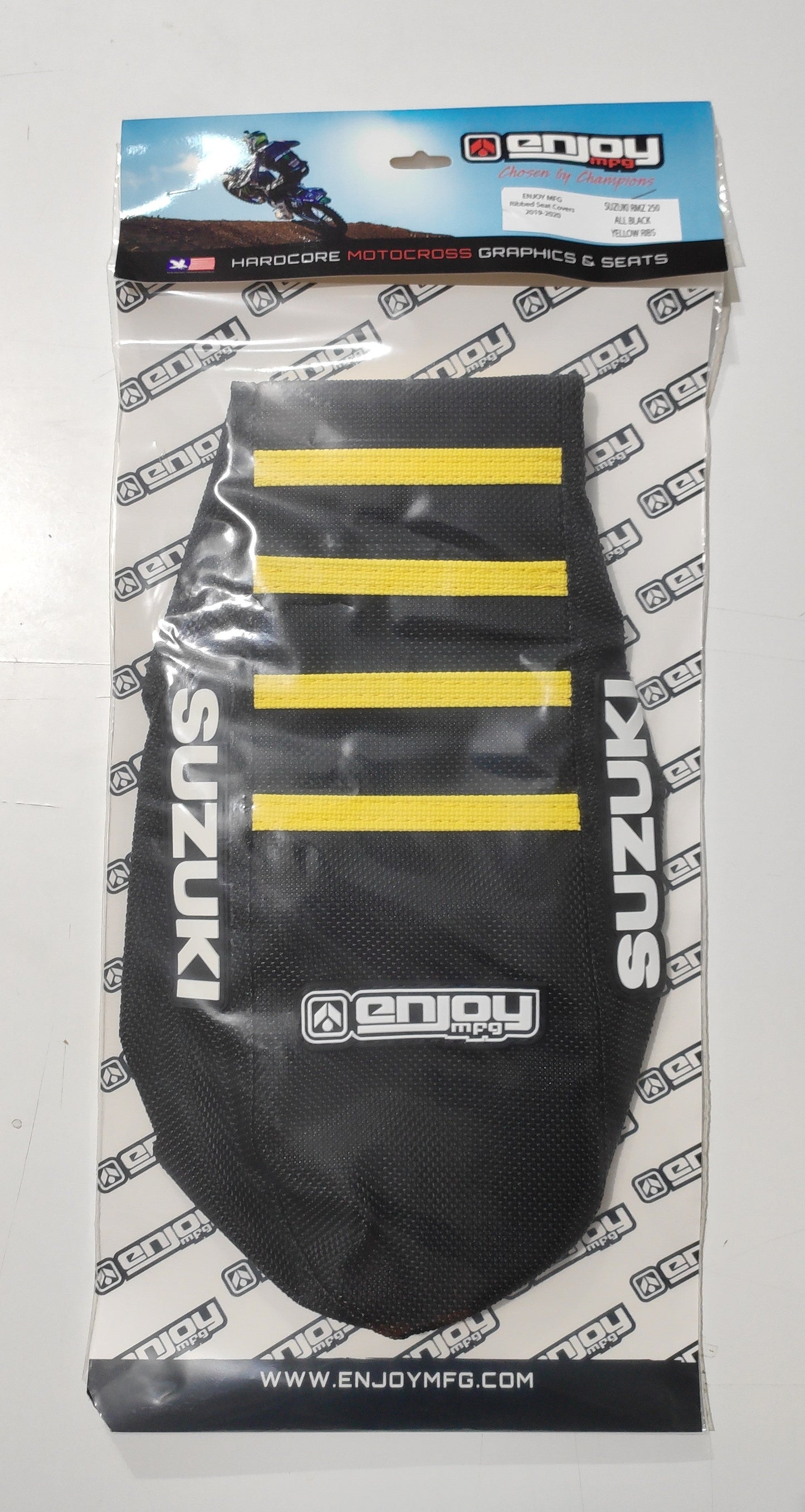 Enjoy Manufacturing Suzuki Seat Cover RMZ 250 2019 - 2023 RMZ 450 2018 - 23 Ribbed Logo, Black / Yellow