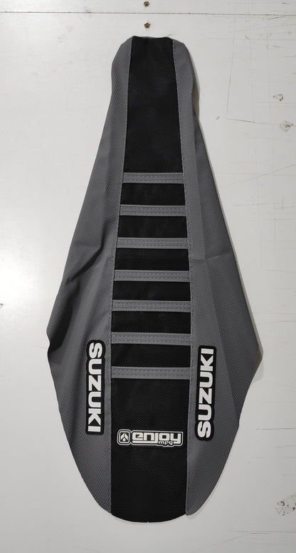 Enjoy Manufacturing Suzuki Seat Cover RM 125 RM 250 2001 - 2008 Ribbed Logo, Grey / Black / Grey